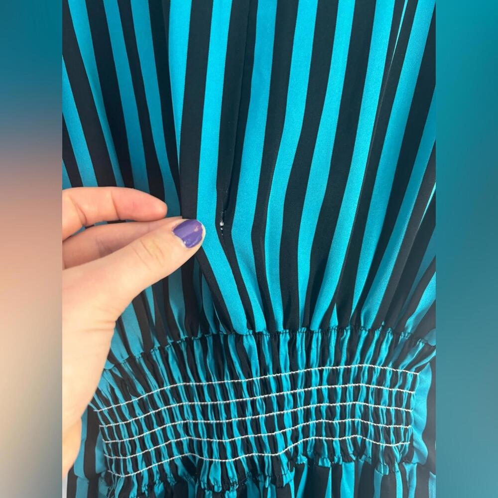 Striped Turquoise+Black Wide Leg Collar Slight Puff Sleeve Retro Jumpsuit Size M - Picture 7 of 9
